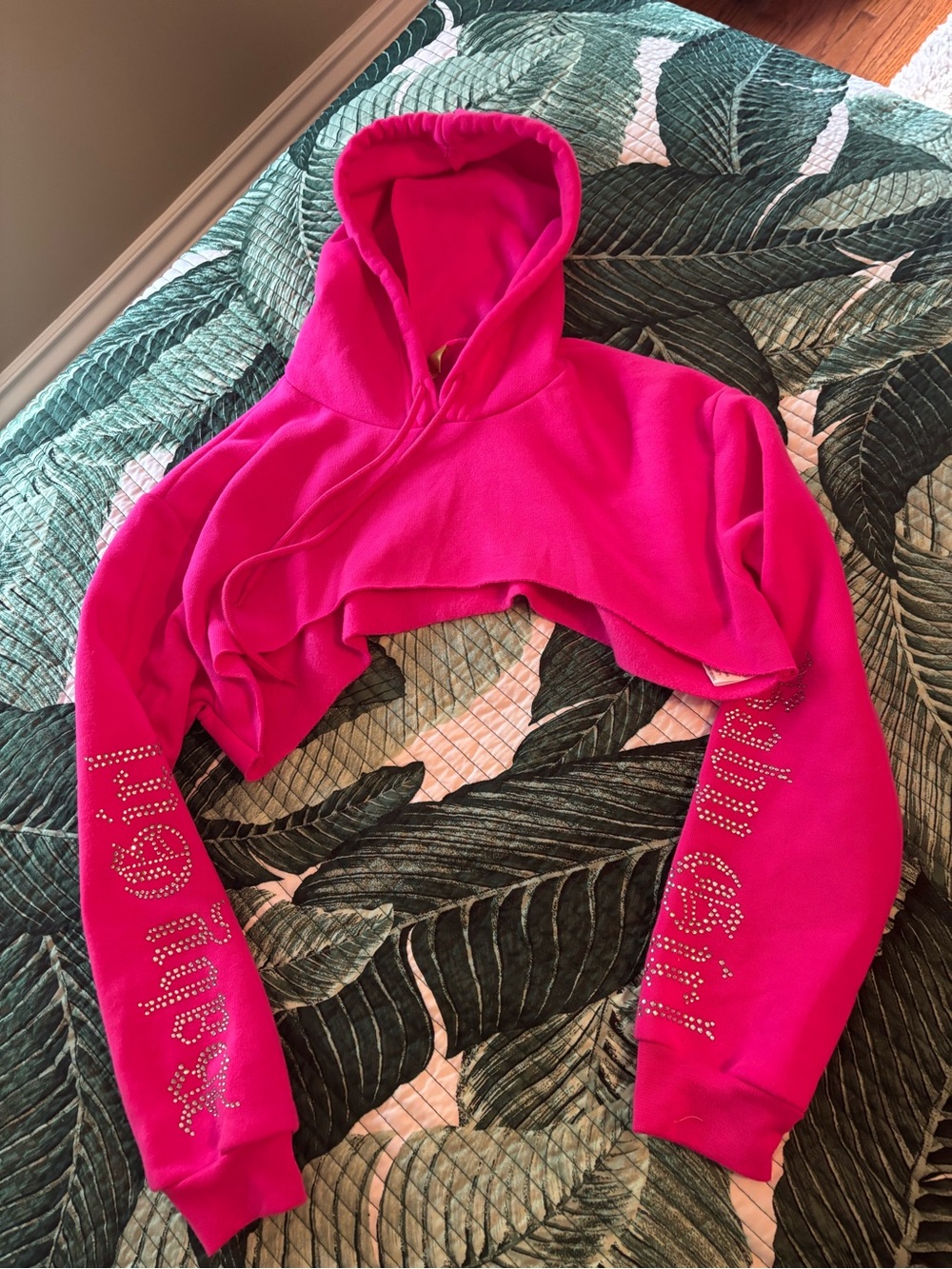 Cult Favorite Cropped Hot Pink Hooded Sweatshirt with Embellished Sleeves